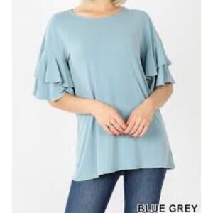 Zenana Women's Windsor Ruffle Sleeve Top Dusty Blue Gray Size MEDIUM Boho Casual